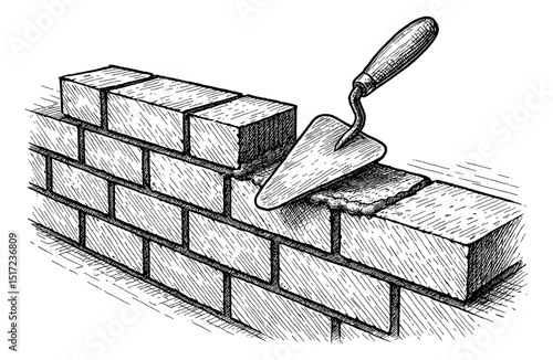 Detailed Engraving of Brick Wall Construction with Trowel Applying Mortar with Black and White Shading