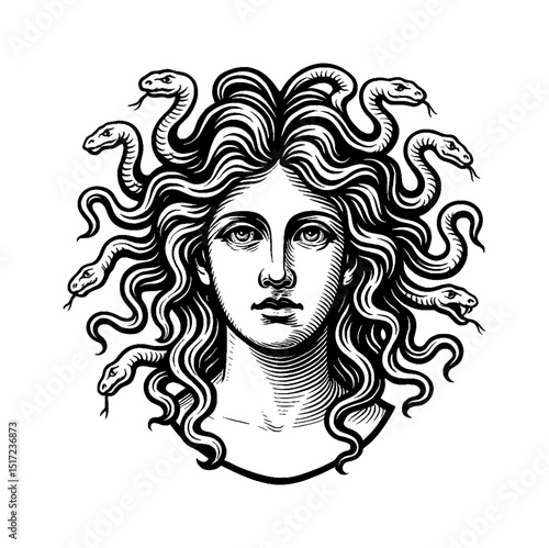 Medusa Head with Snakes Engraving Illustration Style in Black and White Detailed Line Art Drawing