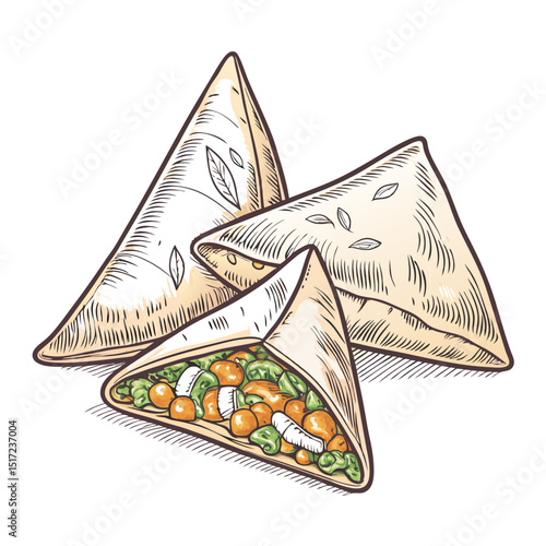 Create a bold, vector illustration of a samboosa pastry, triangular shape, with thick, clearly defined strokes.  High-resolution, clean lines.