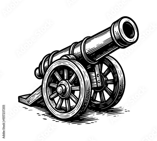 Vintage Cannon Illustration in Black and White Detailed Engraved Style Art