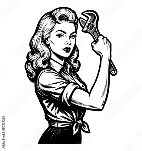 Pinup Woman Holding Wrench with Determined Expression in Black and White Detailed Outline Drawing