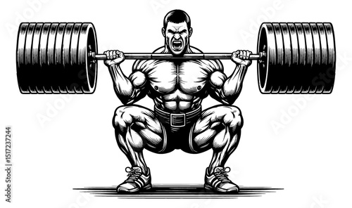 Muscular Man Doing Barbell Squat with Intense Expression in Detailed Engraving Style