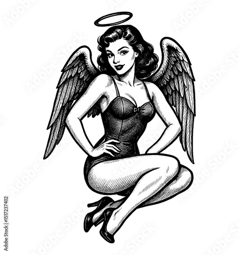 Pinup woman in angel costume with wings and halo posing on white background