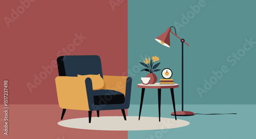 Modern armchair with floor lamp and coffee table interior design vector illustration 