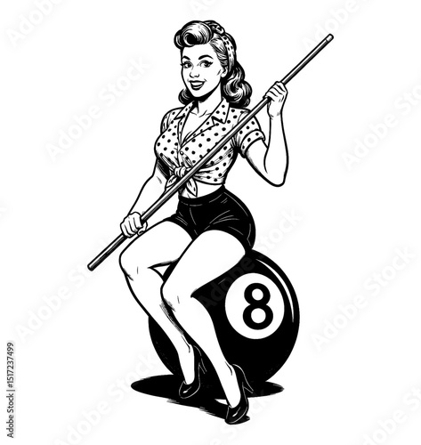 Smiling Pinup Woman Sitting on Eight Ball Holding Cue Stick in Black and White Drawing