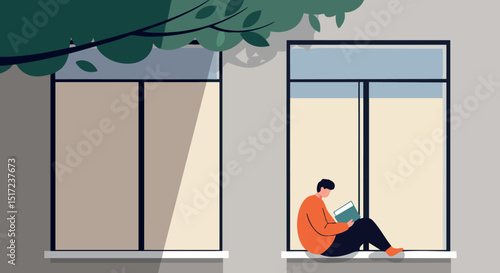Man Reading Book Sitting on Window Ledge in Minimalist Urban Scene with Tree Shadow 