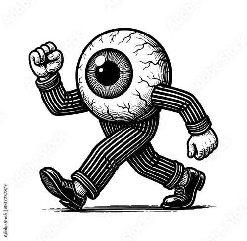 Eyeball Walking With Striped Suit and Shoes in Black and White Detailed Illustration