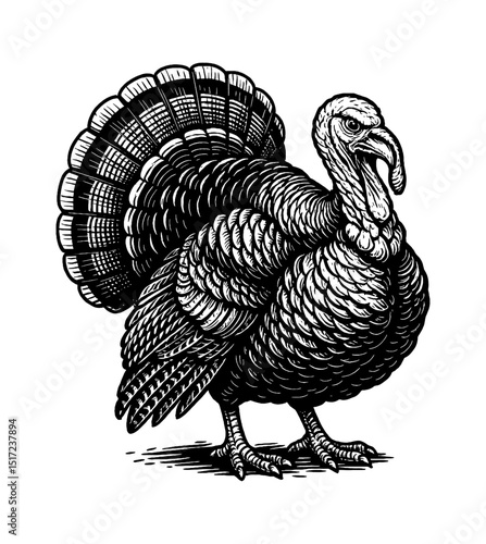 Monochrome illustration of a standing turkey in detailed engraving style on white background