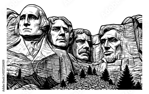 Mount Rushmore National Memorial Engraved Illustration of Famous Presidents