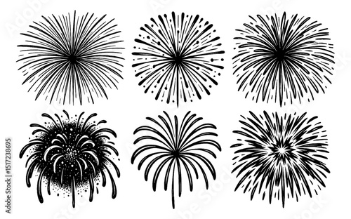 Set of Six Fireworks in Black and White Engraving Style for Celebrations and Events