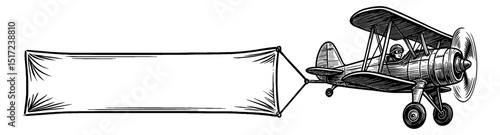 Classic Biplane Flying with a Blank Banner for Message in Black and White Engraving
