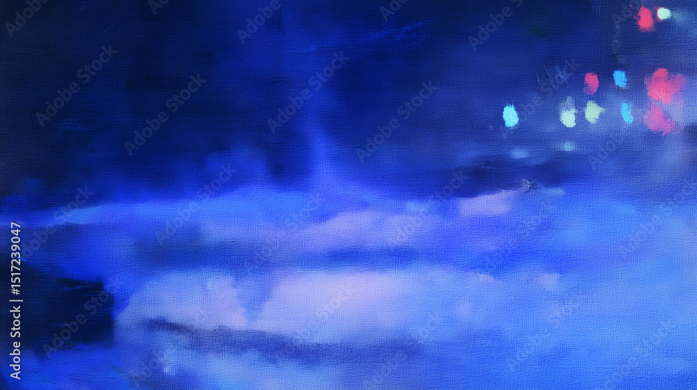 Fototapeta premium Moonlit canal with city lights reflected in water, abstract watercolor style, cool blue tones, impressionistic urban night scene