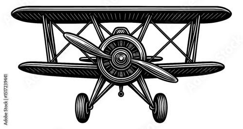Detailed Front View Black and White Vector Illustration of a Biplane Airplane