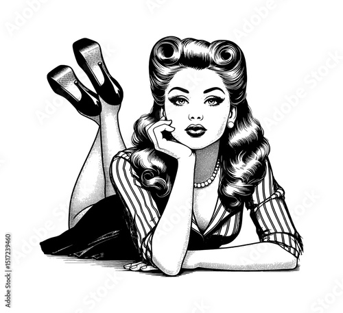 Beautiful Pinup Woman Lying Down with Hand on Cheek in Black and White Vintage Style