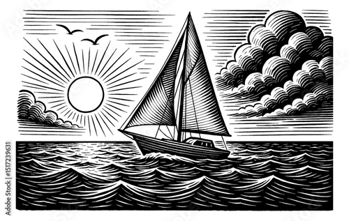 Sailboat sailing on the sea with sun and clouds in a detailed woodcut engraving style.