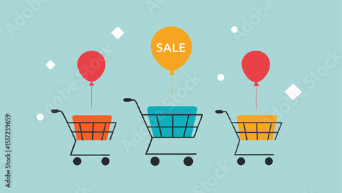 Carts and Balloons Several shopping carts with helium balloons tied to them floating upwards joyfully towards a cheerful SALE banner that has playful animated elements like
