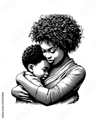 African American Mother Embracing Son with Love and Care in Black and White Engraving Style