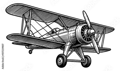 Vintage Biplane Airplane Illustration in Black and White Engraved Style Detailed Drawing
