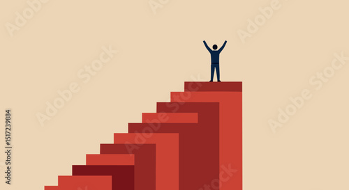 Person Celebrating Success on Top of Red Staircase Minimalist Vector Illustration 