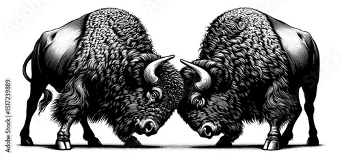 Two American Bison Facing Each Other in Detailed Black and White Engraving Style Illustration