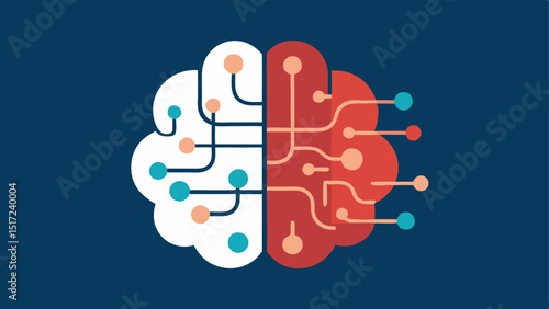 AI Brain with Code A stylized human brain composed of circuitry and binary code depicting the intelligence of AI. One side shows a peaceful scene protection while the other side
