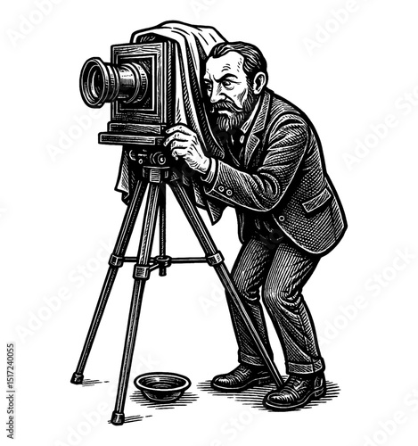 Man with Beard Setting Up Vintage Camera on Tripod with Dark Suit Engraving