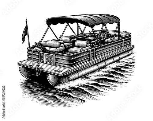 Illustration of pontoon boat on water in black and white engraving style