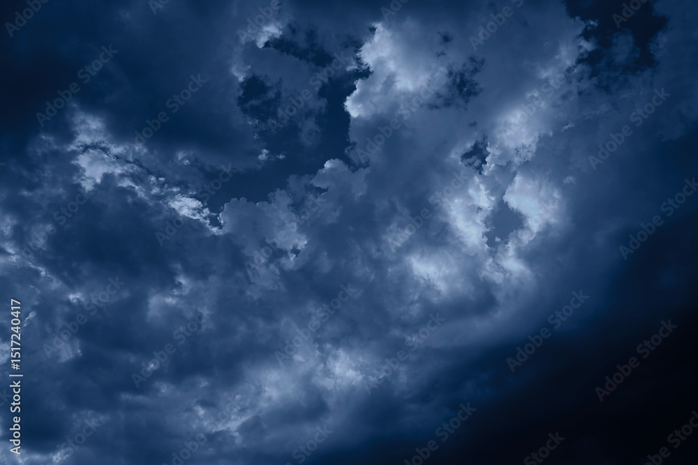Obraz premium Black blue gray evening night sky with clouds. Dark dramatic cloudy sky background. Light. Before the storm, thunderstorm, rain. Frightening, ominous, moody, creepy atmosphere. 