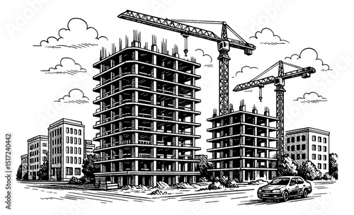 Building construction site with cranes in graphic black and white drawing style