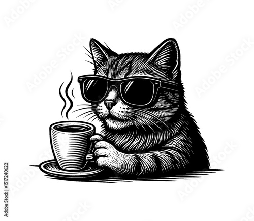 Cool Cat with Sunglasses Enjoying Coffee in Black and White Engraving Style Illustration
