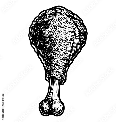 Detailed Monochrome Engraving of a Cooked Chicken Drumstick Food in Black and White Art