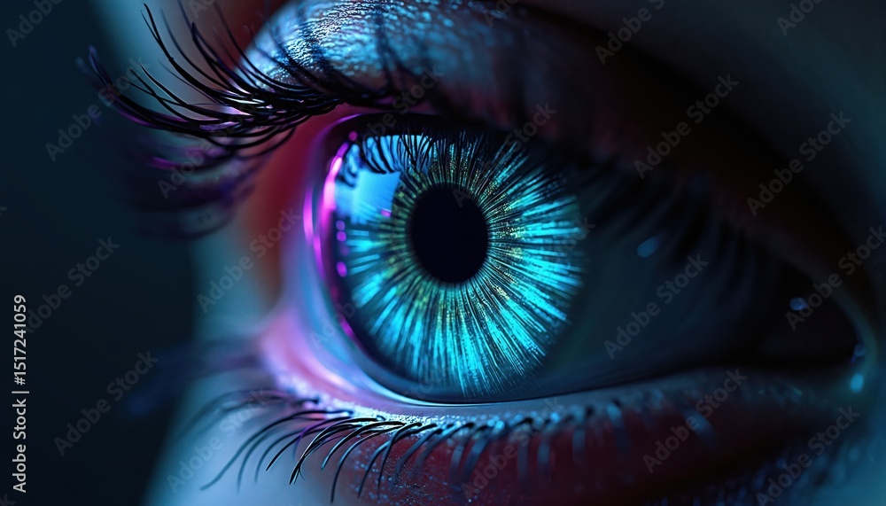 Fototapeta premium Close-up of abstract AI-generated eye with vibrant blue, green iris. Detailed human eye, sharp focus, with reflection, light. Artificial intelligence concept vision research, future, digital design.