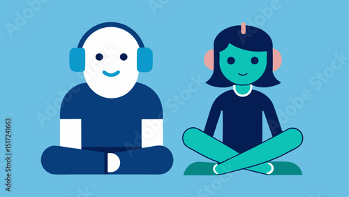 AI Listening Companion An AI figure sitting next to a user with headphones both enjoying music together showing a supportive and engaging relationship.