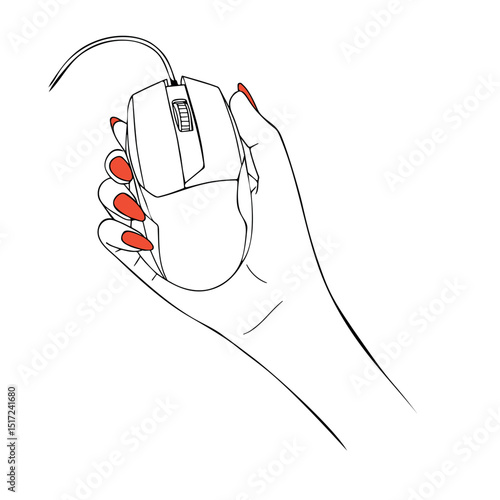 female hand holding mouse hand drawing vector sketch. female hand with red manicure holds mouse hand drawing vector sketch