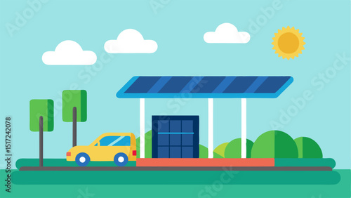 Charging Station with Solar Panels A futuristic charging station equipped with solar panels on its roof with an electric car recharging beneath it set in a sunny park.