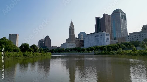 Sideways Drone Slide Past LeVeque Tower and Downtown Columbus Skyline