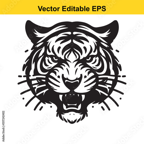 A fierce tiger head illustration in black and white, vector editable EPS format