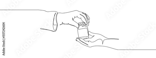 Continuous line. Doctor's hand holding a bottle of medicine. line art vector Edit Stroke.