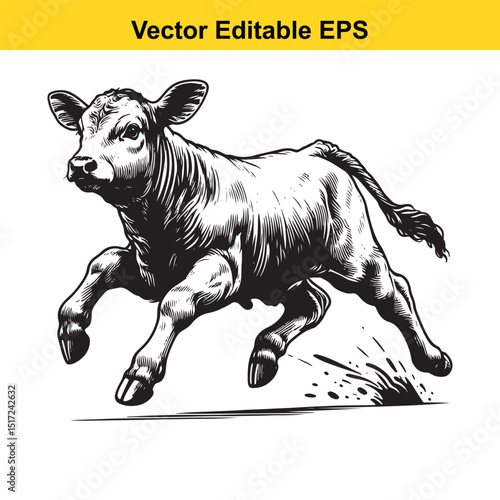 A playful calf in mid-leap, a dynamic black and white illustration