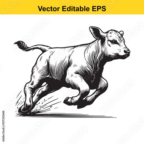 A Running Calf in Black and White Vector Illustration