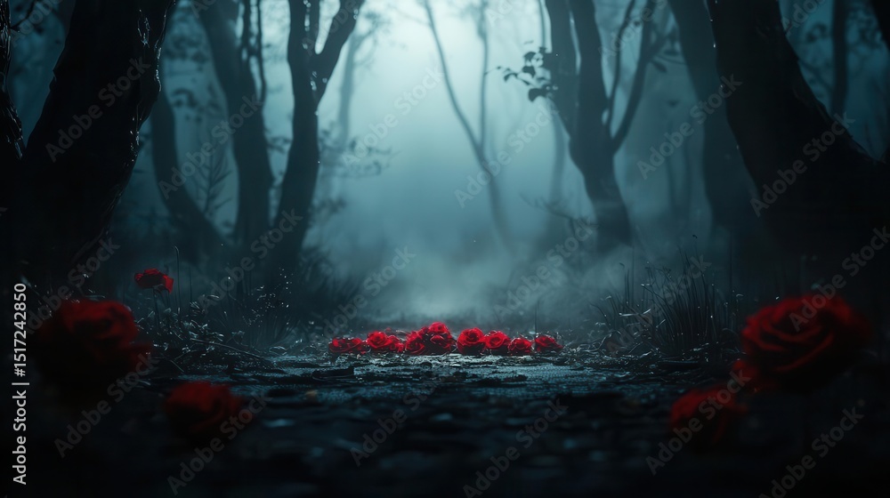 Fototapeta premium Whimsical scene of sweetheart and bouquet of glowing red roses in a misty enchanted forest