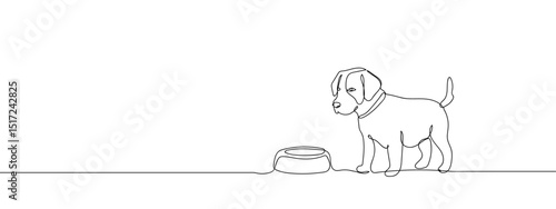 Continuous line, puppy and dog food bowl line art vector Edit Stroke.