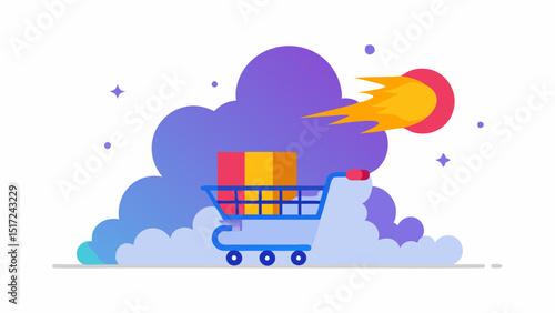 Cart Rocket A futuristic shopping cart redesigned as a rocket blasting off with bursts of colorful smoke zooming directly at a gigantic SALE banner shaped like a comet.