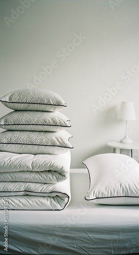 Stacked pillows and duvet with black trim on a bed in a minimalist white room