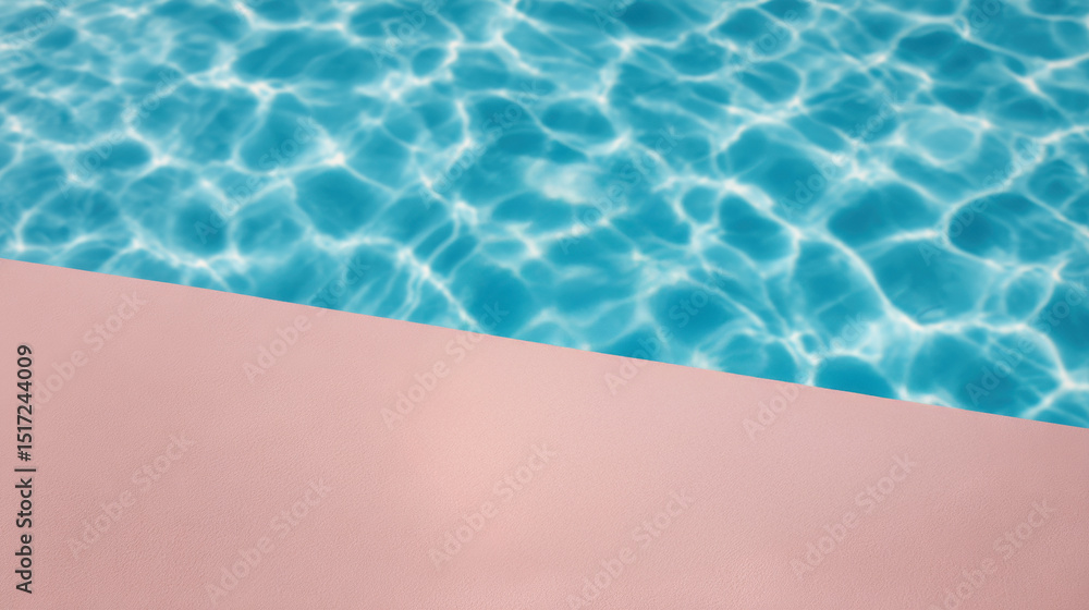 Fototapeta premium Clear blue water with sunlight reflections in swimming pool beside pink pool deck surface creating calm and refreshing summer vibe