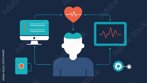 Health Monitoring A silhouette of a user connected to medical equipment via a BCI with heart rate and brain activity represented as waveforms on a digital screen.