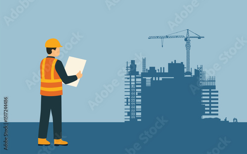 Construction Engineer Inspecting Building Site,  Building background, vector illustration