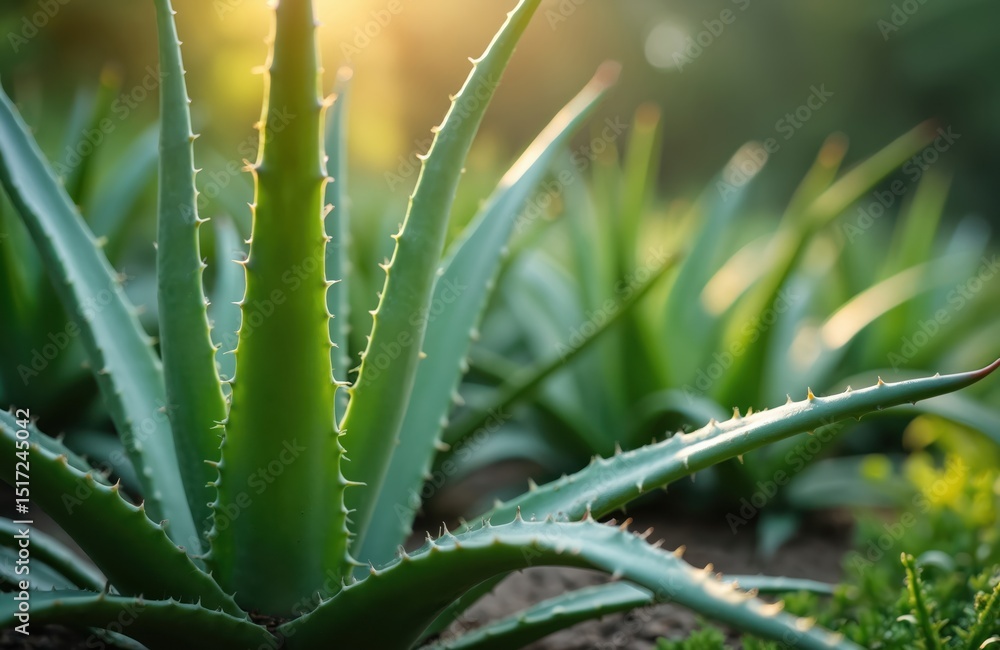 Close-up photo of aloe vera plants. Lush green leaves with sharp edges. Plants growing in garden. Focus on fresh aloe vera leaves. Suitable for alternative medicine articles or beauty product ads. Close-up photo of aloe vera plants. Lush green leaves with sharp edges. Plants growing in garden. Focus on fresh aloe vera leaves. Suitable for alternative medicine articles or beauty product ads.