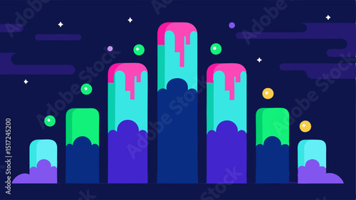 Cascading Falls A waterfall of percentage signs in neon colors cascading down the illustration with each sign reflecting light and adding a sense of fluidity.