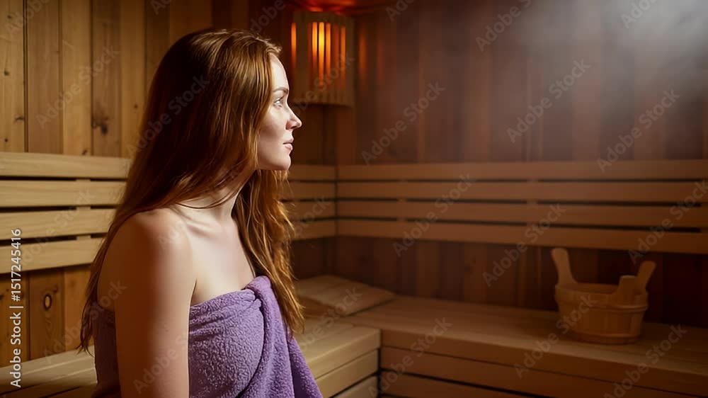 Profile of Woman Wrapped in Purple Towel Inside Wooden Sauna With Steam And Glowing Light Fixture Creating Warm Relaxing Atmosphere Profile of Woman Wrapped in Purple Towel Inside Wooden Sauna With Steam And Glowing Light Fixture Creating Warm Relaxing Atmosphere